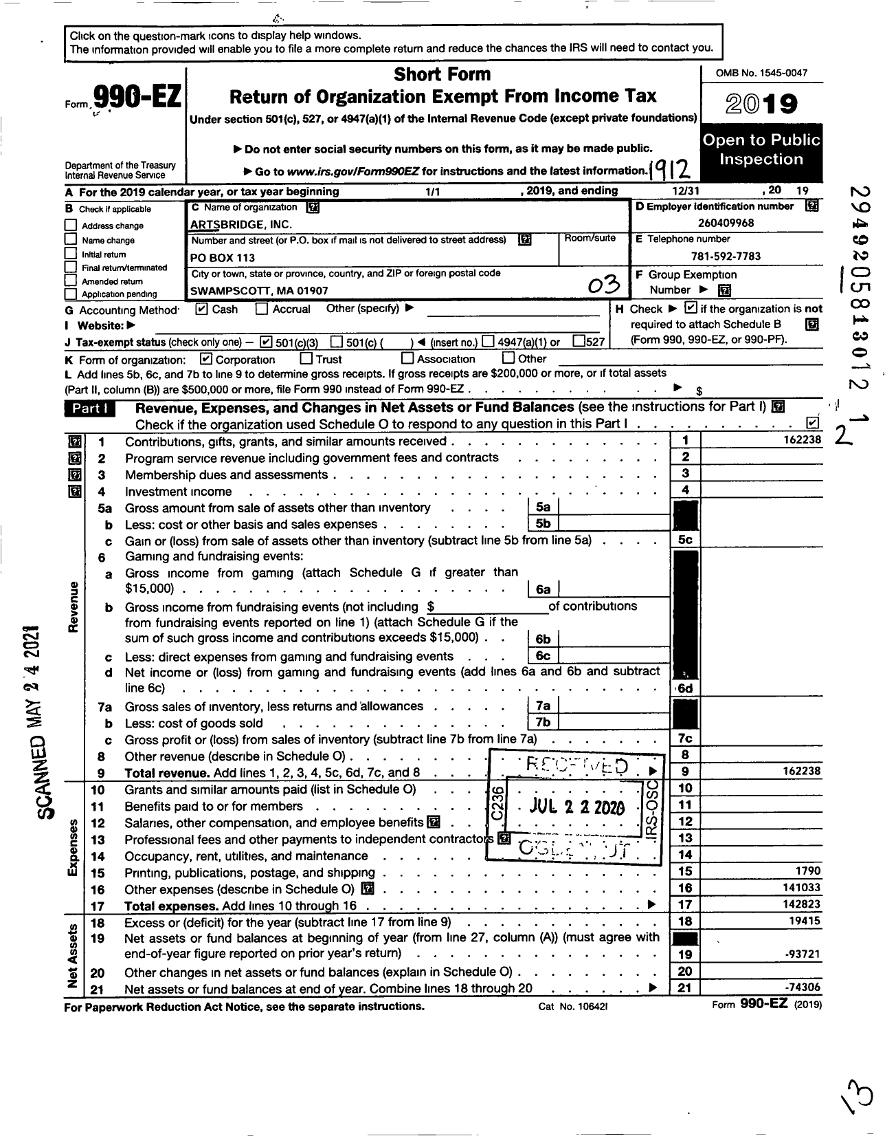 Image of first page of 2019 Form 990EZ for Artsbridge Making A Differencethrough Art