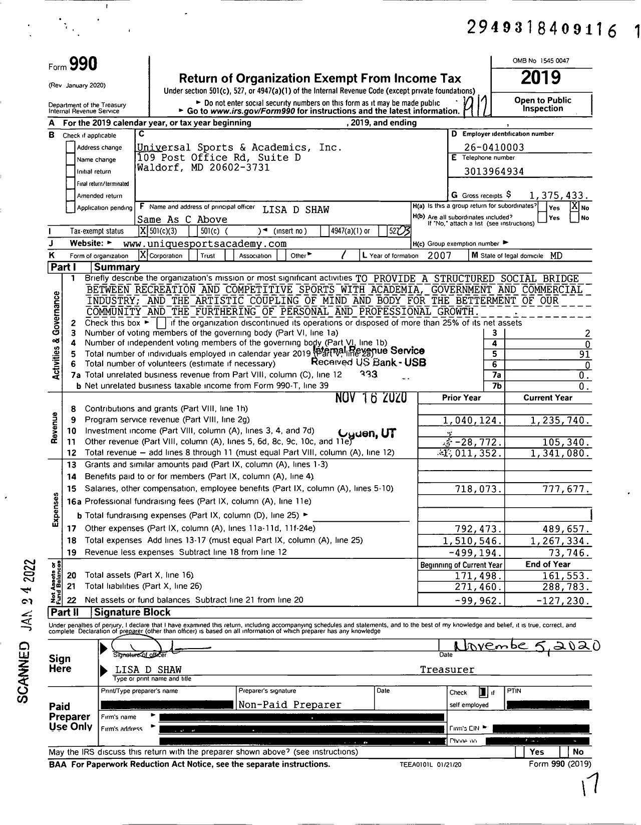 Image of first page of 2019 Form 990 for Unique Sports Academy