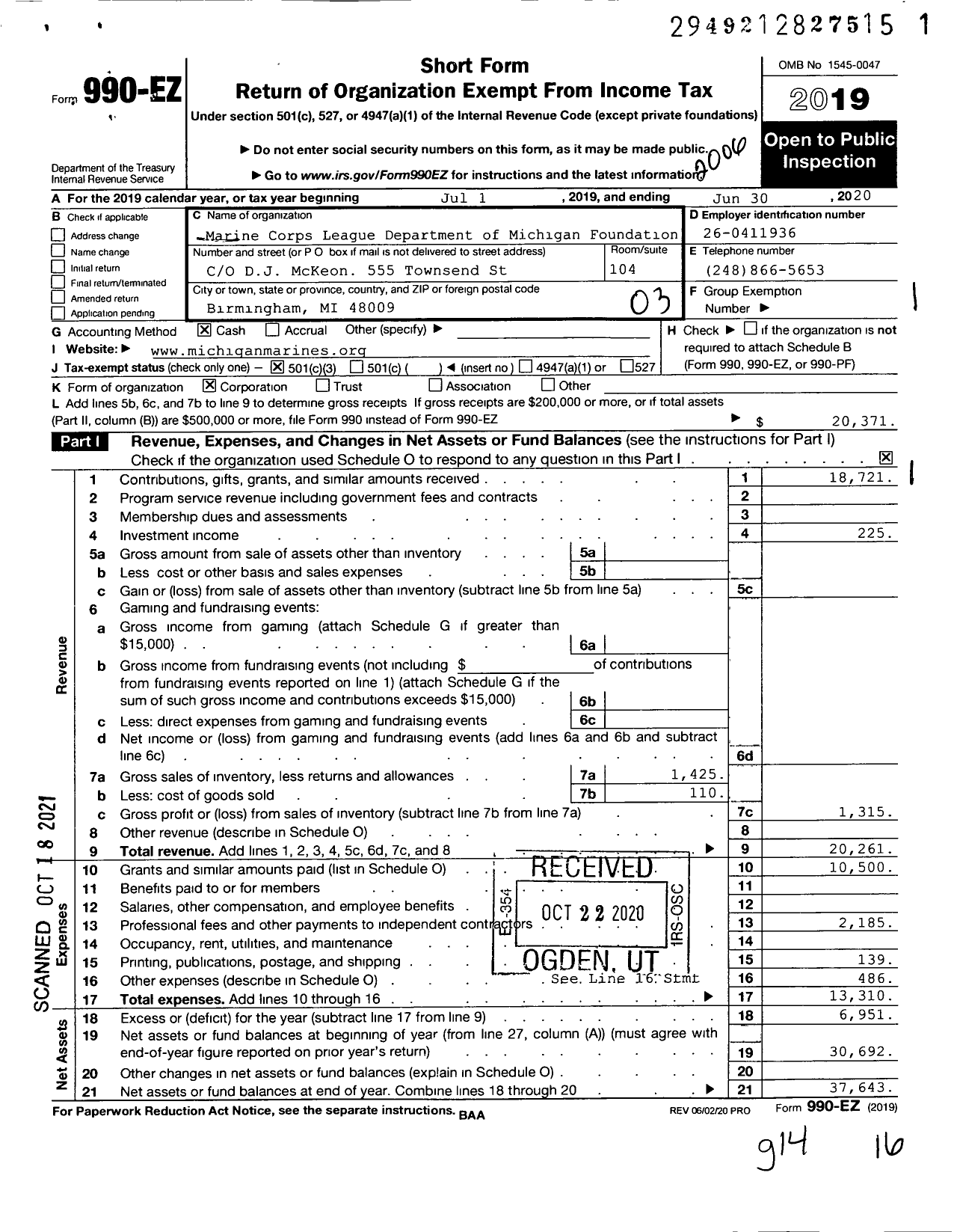 Image of first page of 2019 Form 990EZ for Marine Corps League Department of Michigan Foundation