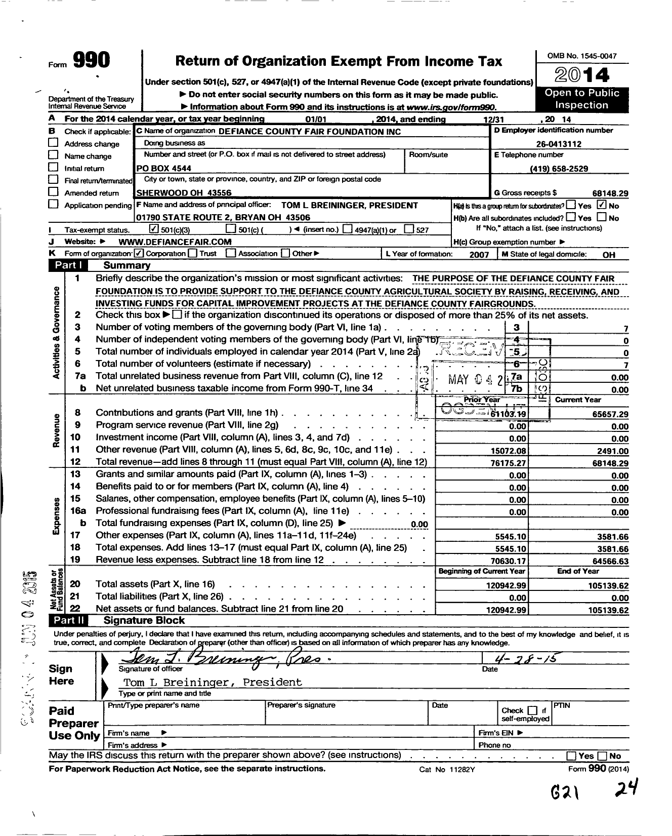 Image of first page of 2014 Form 990 for Defiance County Fair Foundations