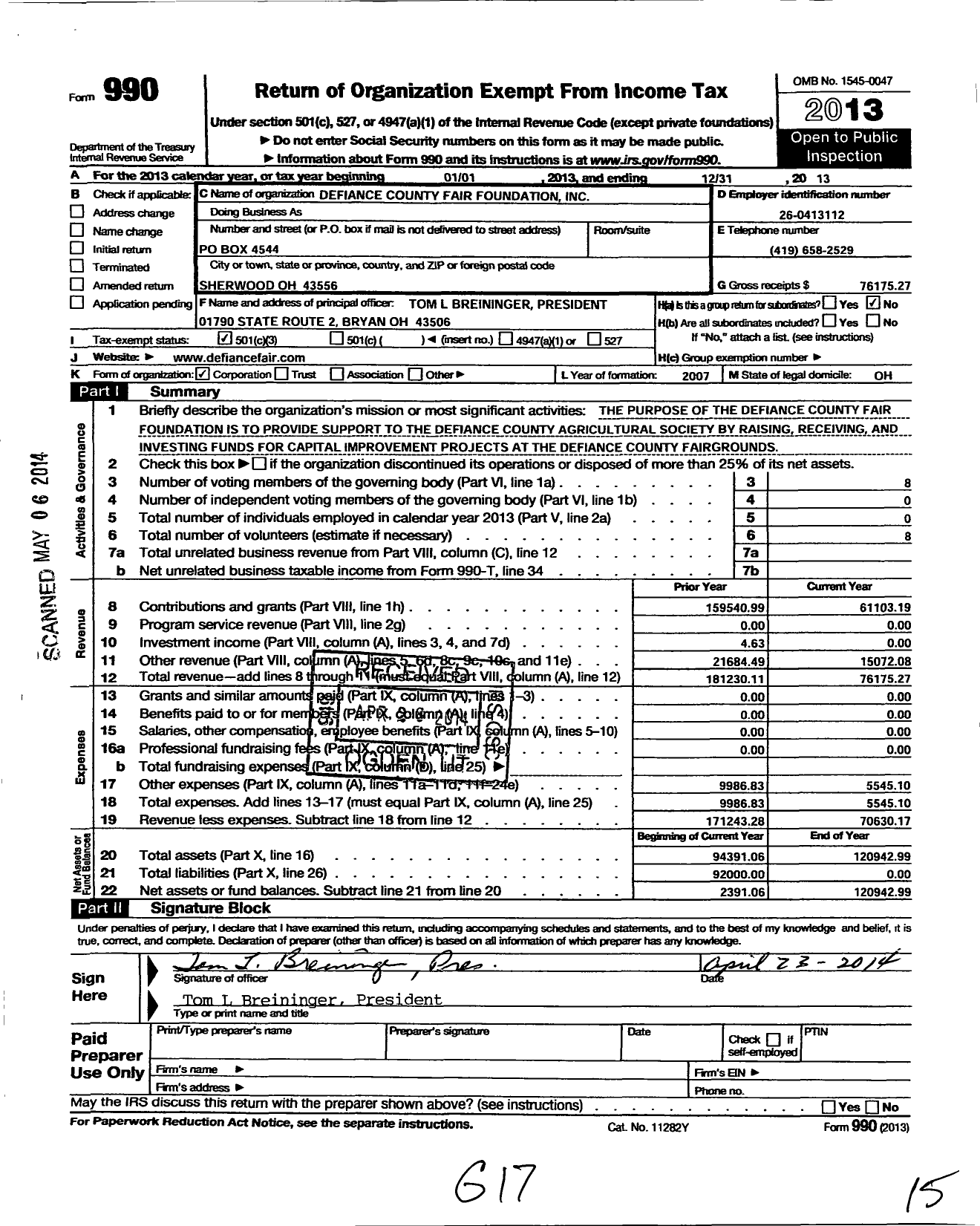 Image of first page of 2013 Form 990 for Defiance County Fair Foundations