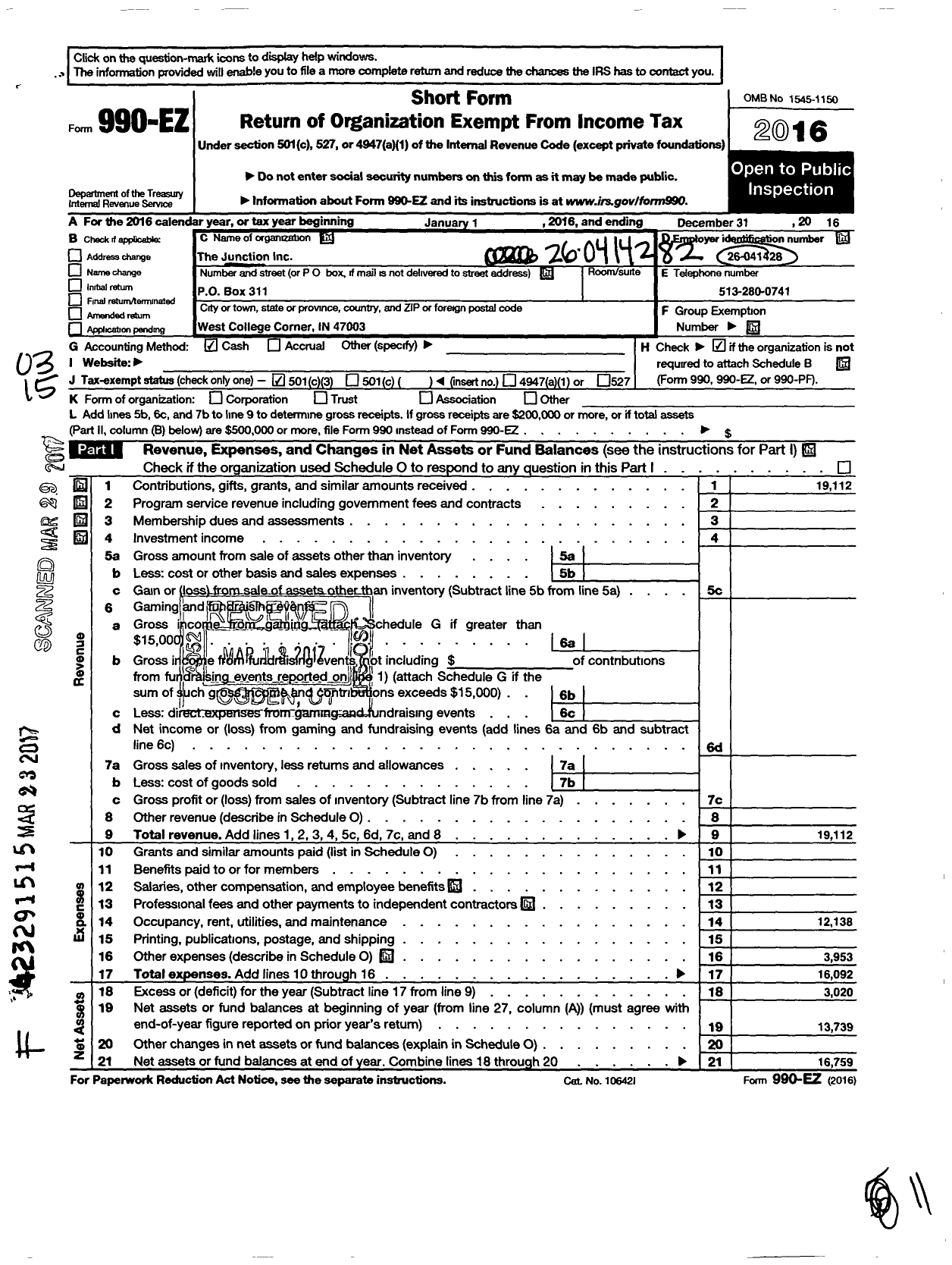 Image of first page of 2016 Form 990EZ for Junction Incorporated