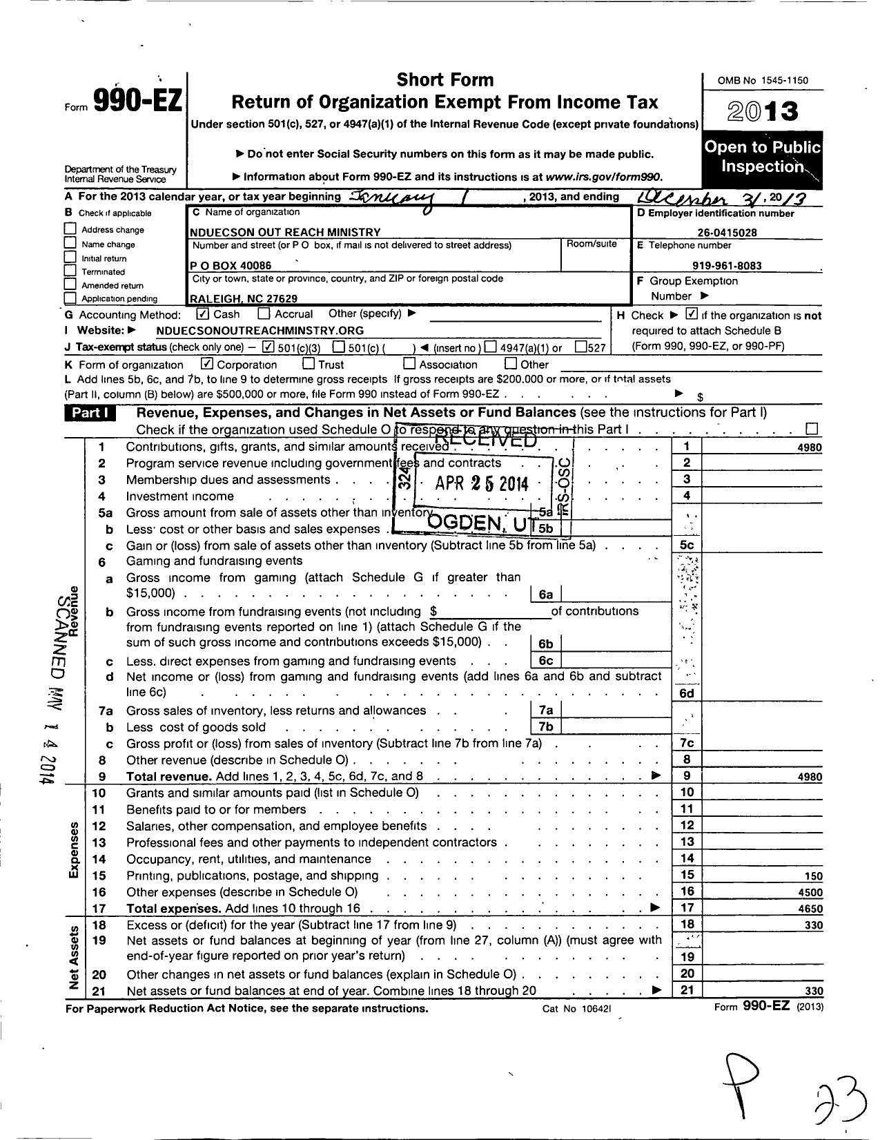 Image of first page of 2013 Form 990EZ for Nduecson Out Reach Ministry