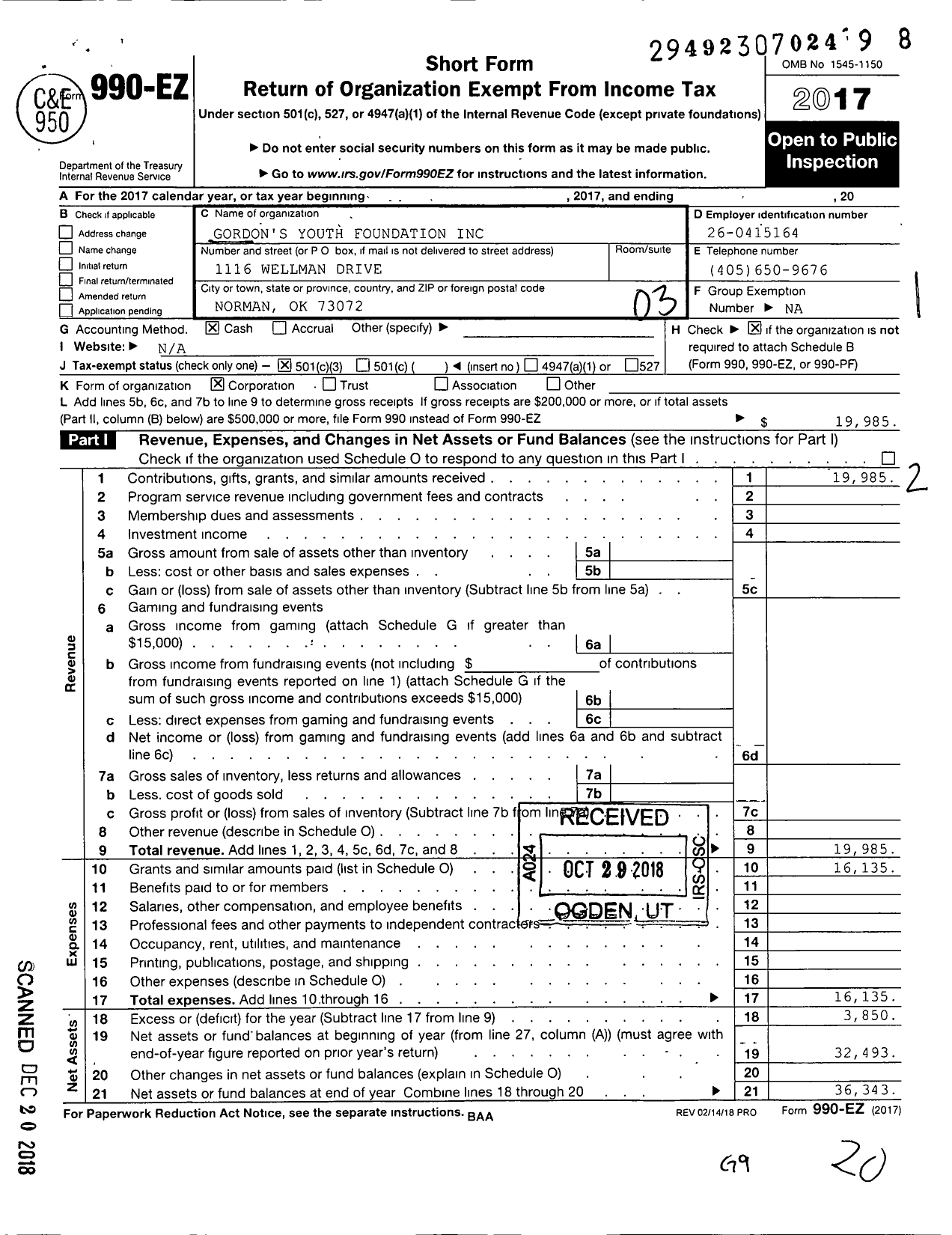 Image of first page of 2017 Form 990EZ for Gordons Youth Foundation