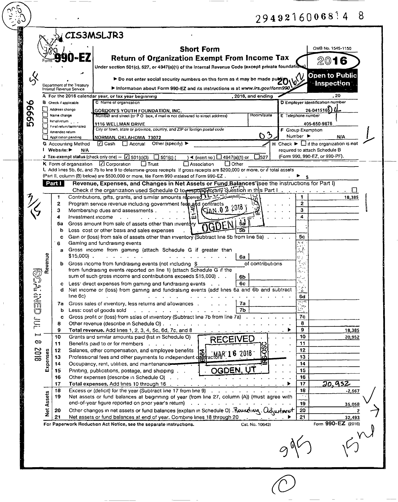 Image of first page of 2016 Form 990EZ for Gordons Youth Foundation