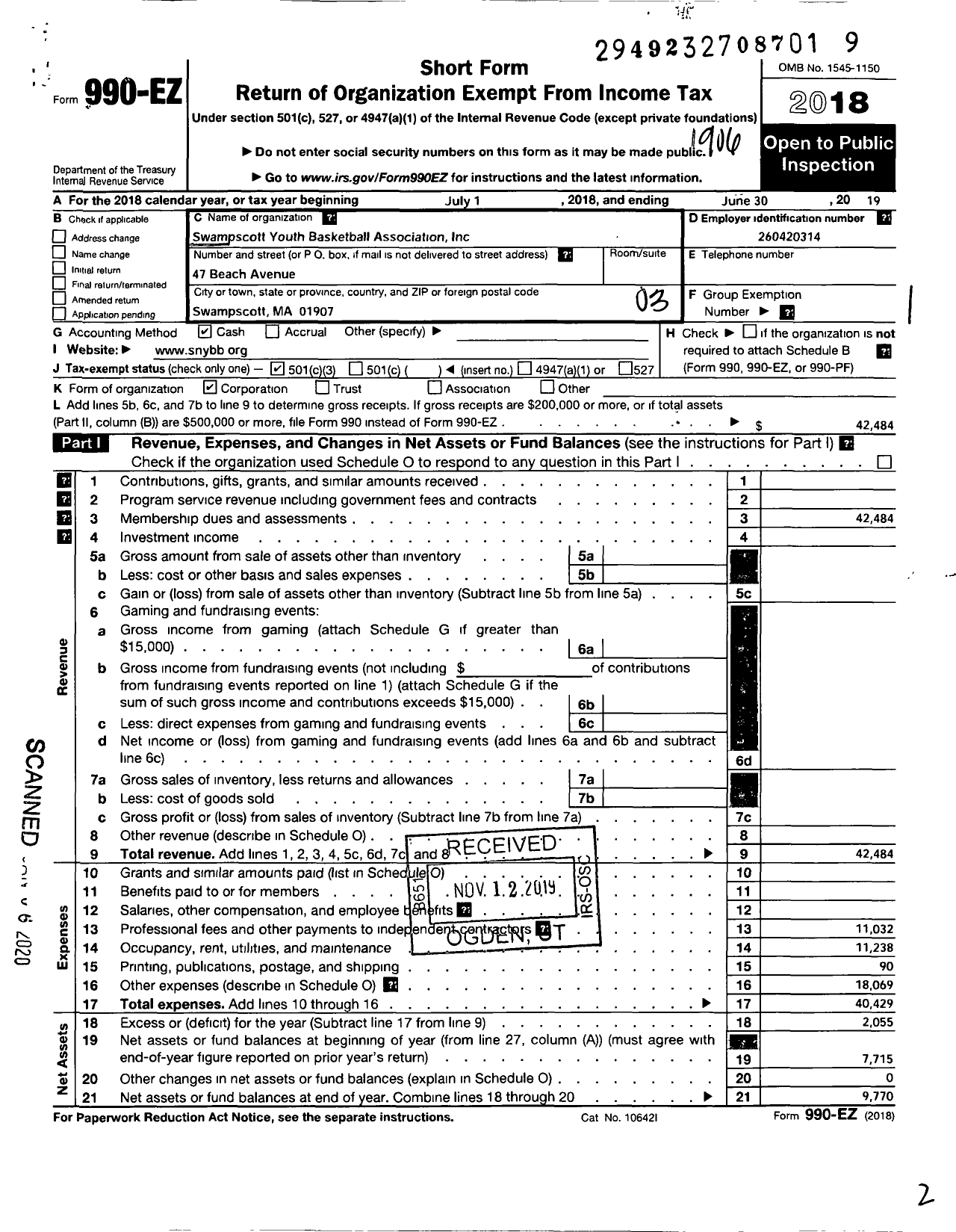 Image of first page of 2018 Form 990EZ for Swampscott Youth Basketball Association