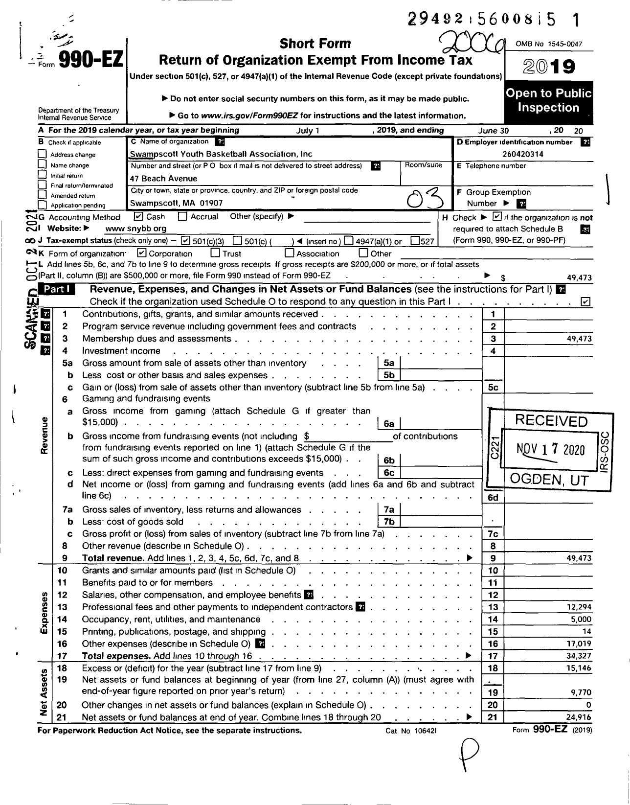 Image of first page of 2019 Form 990EZ for Swampscott Youth Basketball Association