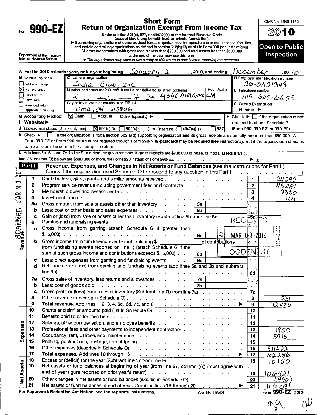 Image of first page of 2010 Form 990EZ for India Club