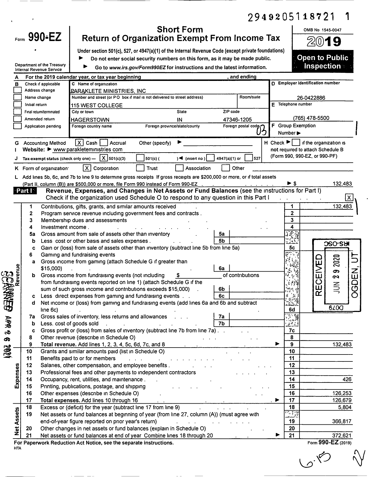 Image of first page of 2019 Form 990EZ for Paraklete Ministries