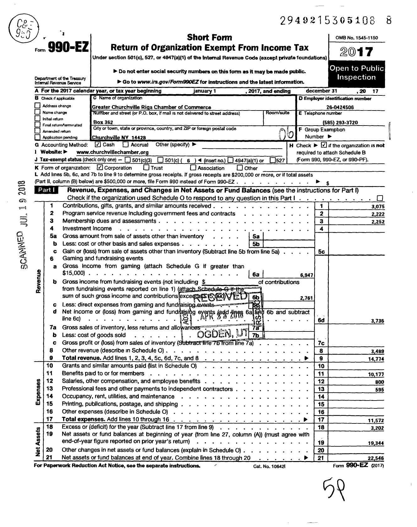 Image of first page of 2017 Form 990EO for Greater Churchville-Riga Chamber Ofcommerce