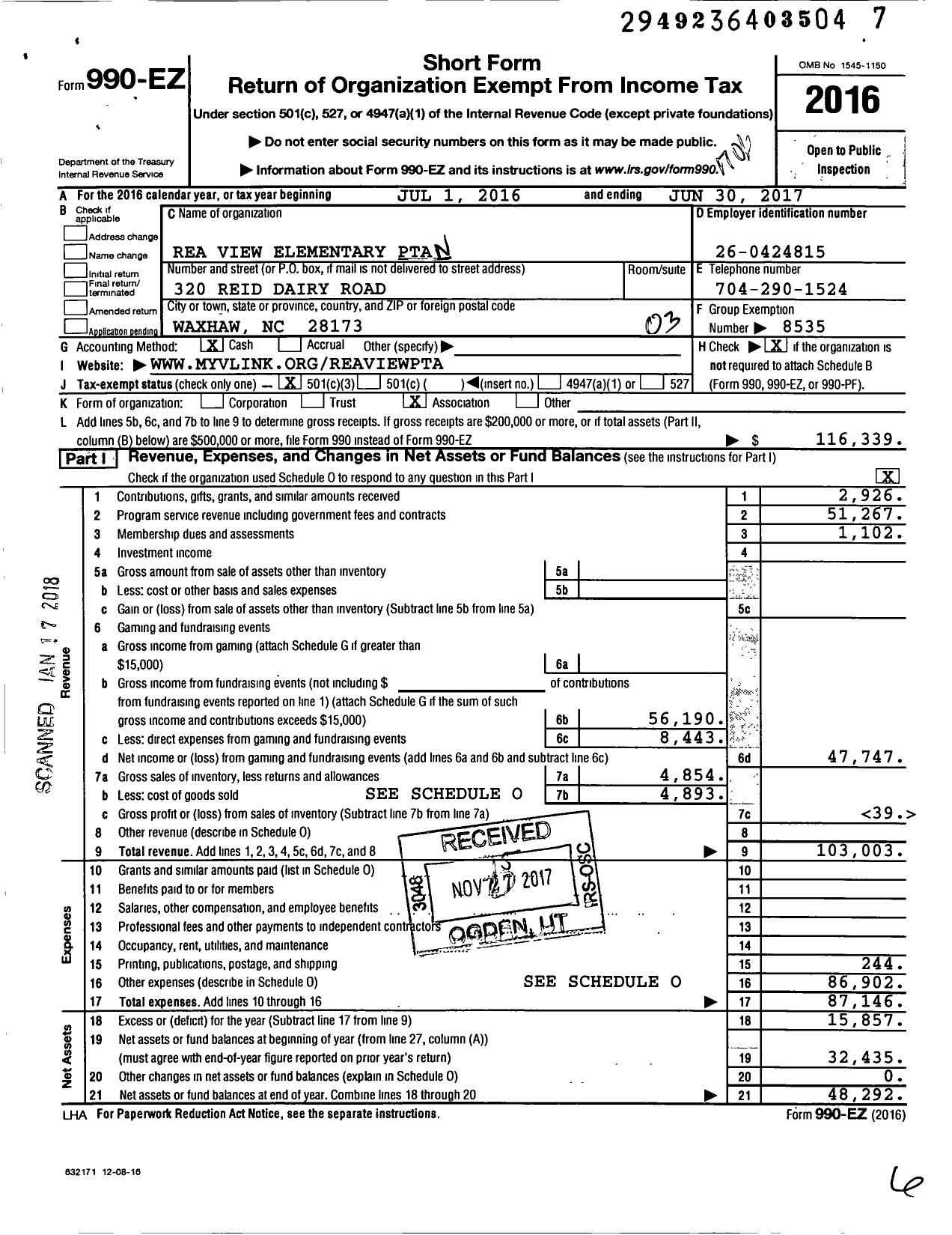 Image of first page of 2016 Form 990EZ for North Carolina PTA - Rea View Elementary School PTA