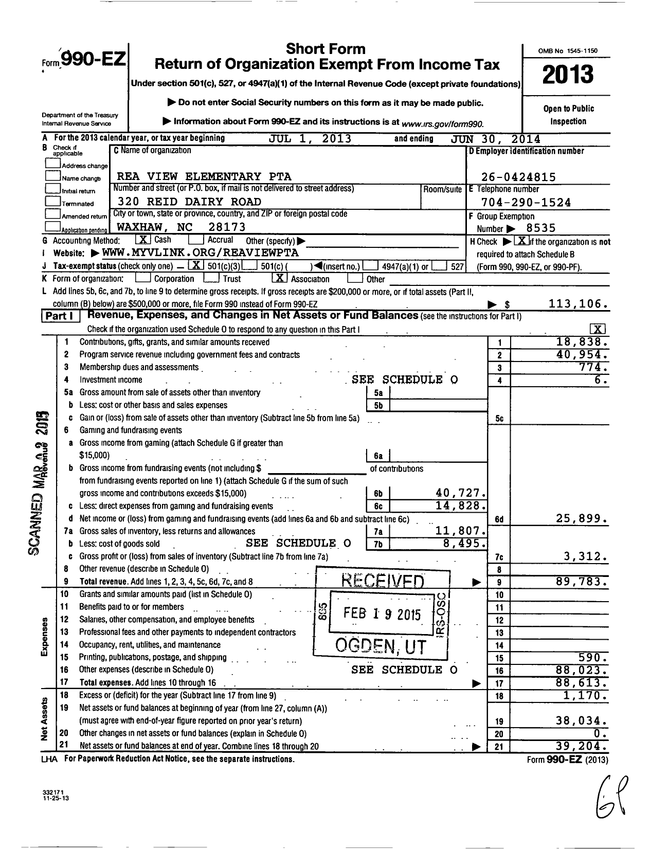 Image of first page of 2013 Form 990EZ for North Carolina PTA - Rea View Elementary School PTA
