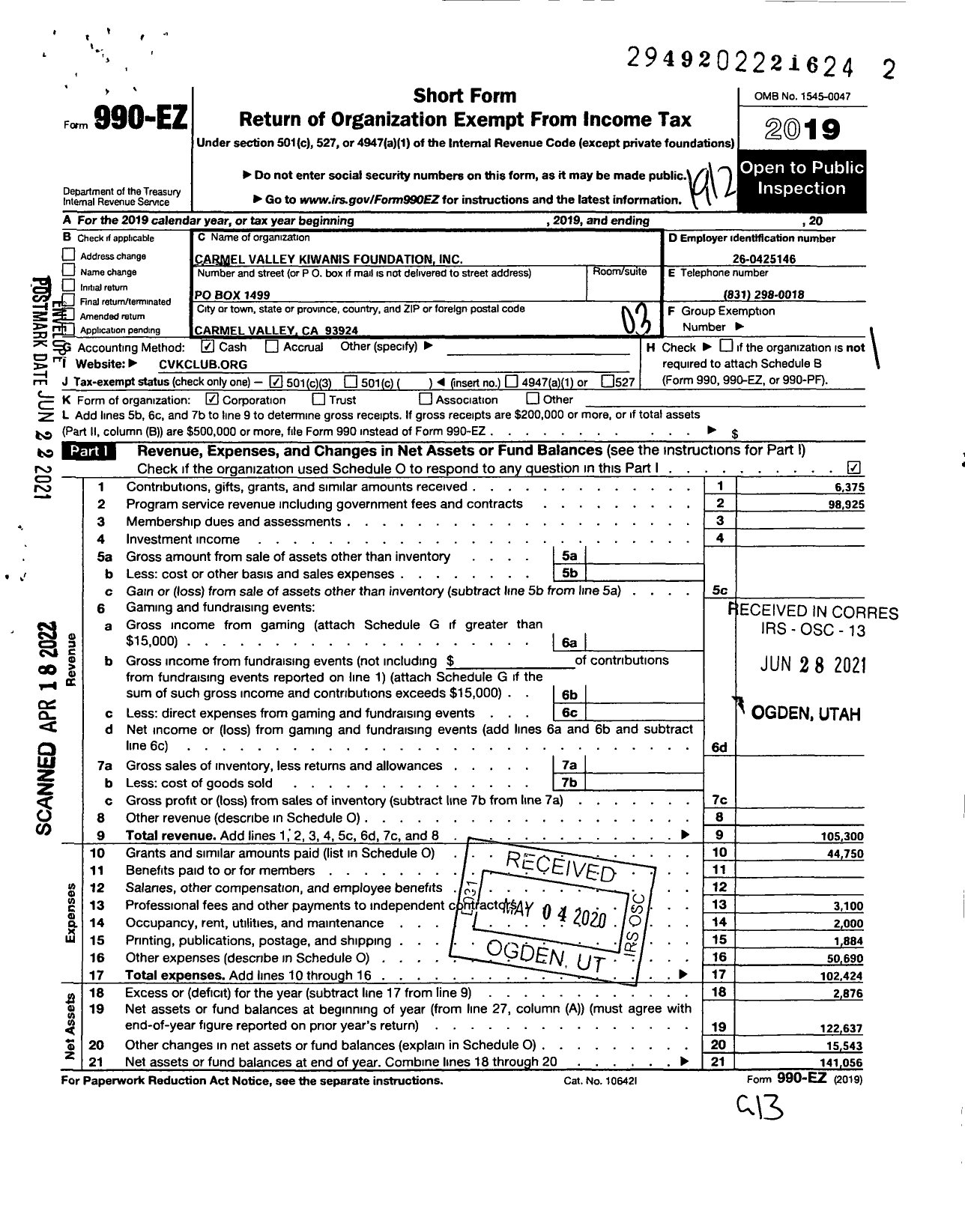 Image of first page of 2019 Form 990EZ for Carmel Valley Kiwanis Foundation