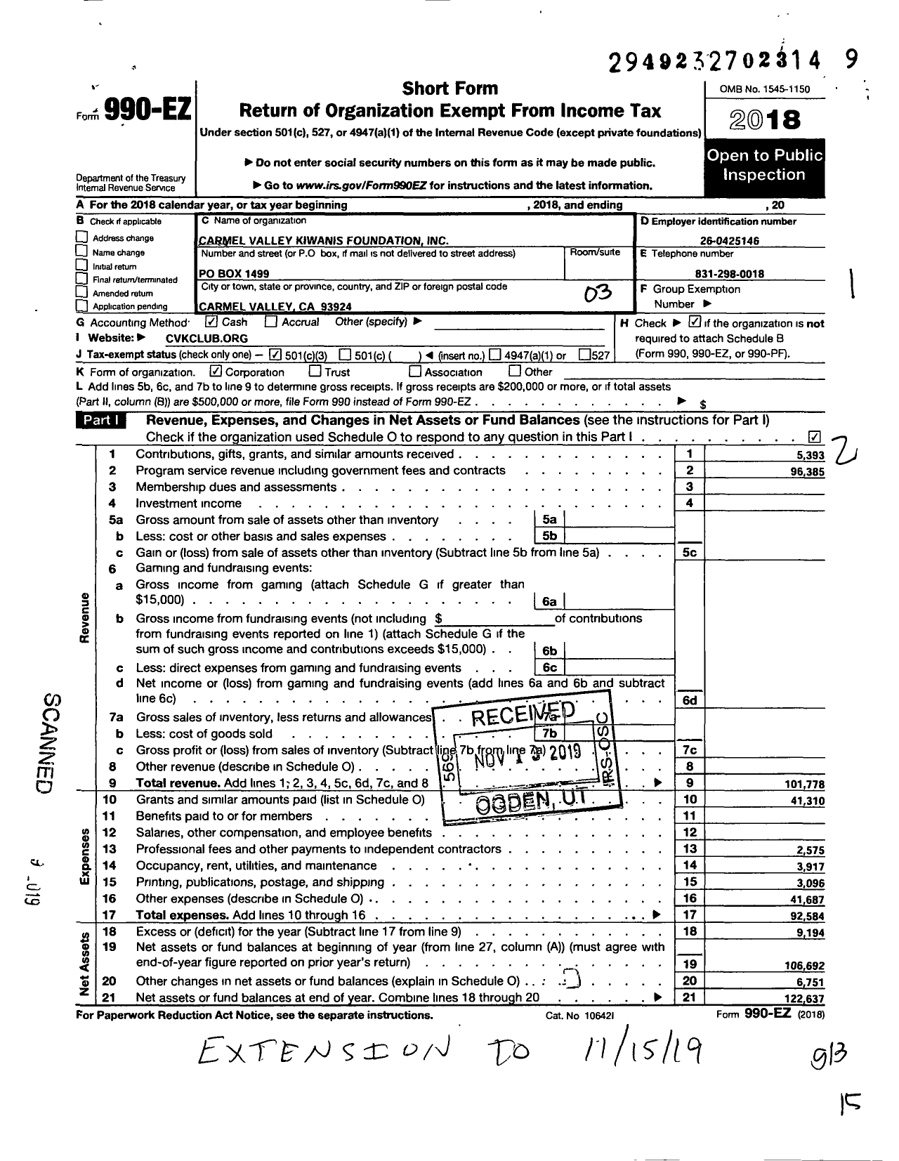 Image of first page of 2018 Form 990EZ for Carmel Valley Kiwanis Foundation