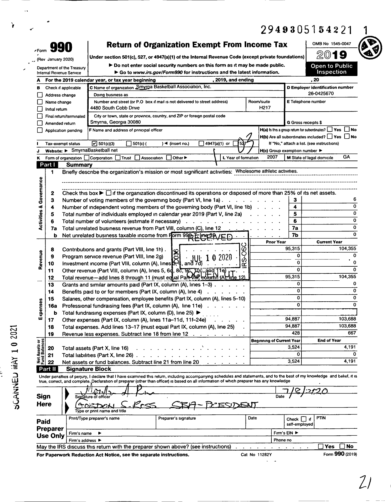 Image of first page of 2019 Form 990 for Smyrna Basketball