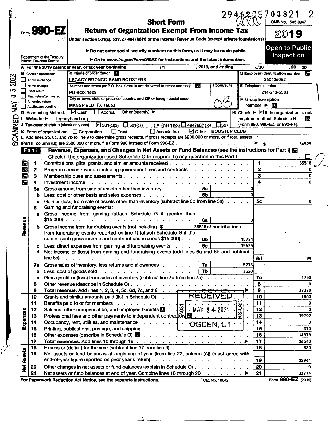 Image of first page of 2019 Form 990EZ for Legacy Bronco Band Boosters