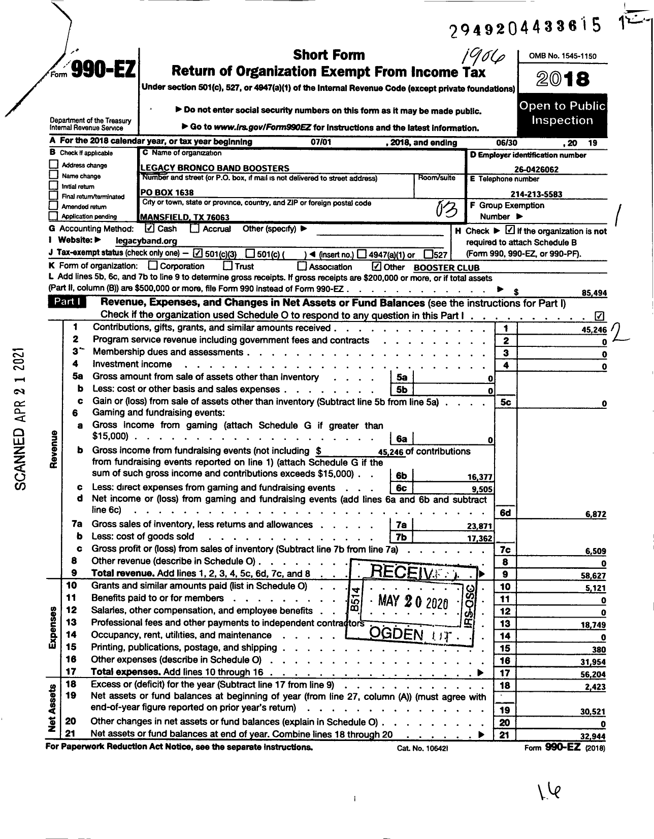 Image of first page of 2018 Form 990EZ for Legacy Bronco Band Boosters