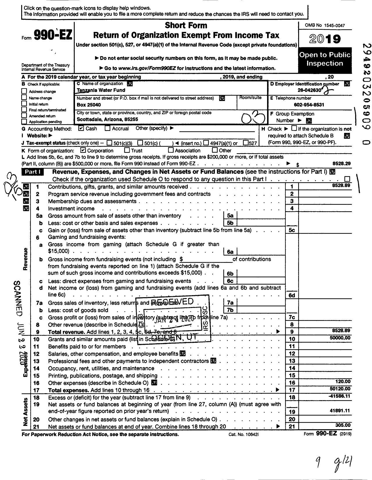 Image of first page of 2019 Form 990EZ for Tanzania Water Fund