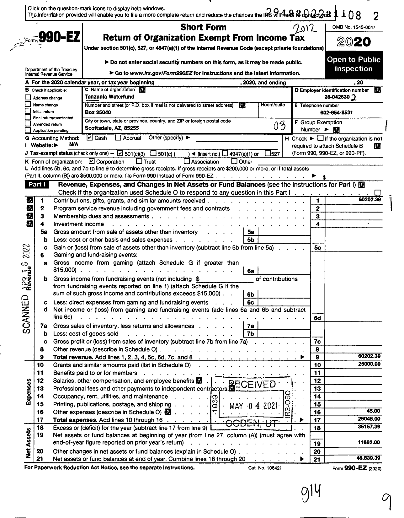 Image of first page of 2020 Form 990EZ for Tanzania Water Fund