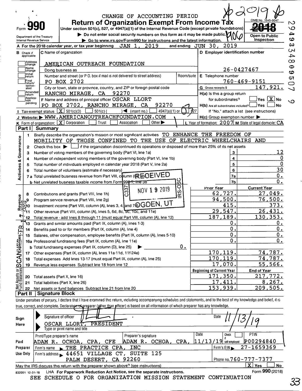 Image of first page of 2018 Form 990 for American Outreach Foundation