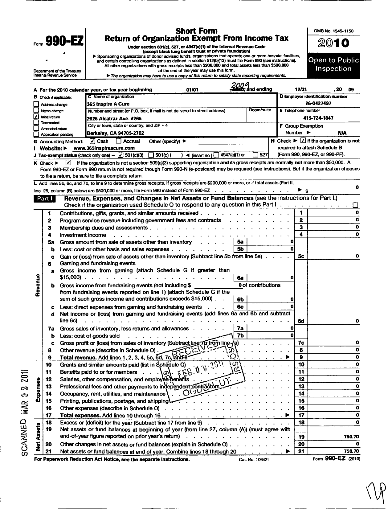 Image of first page of 2009 Form 990EZ for 365 Inspire A Cure