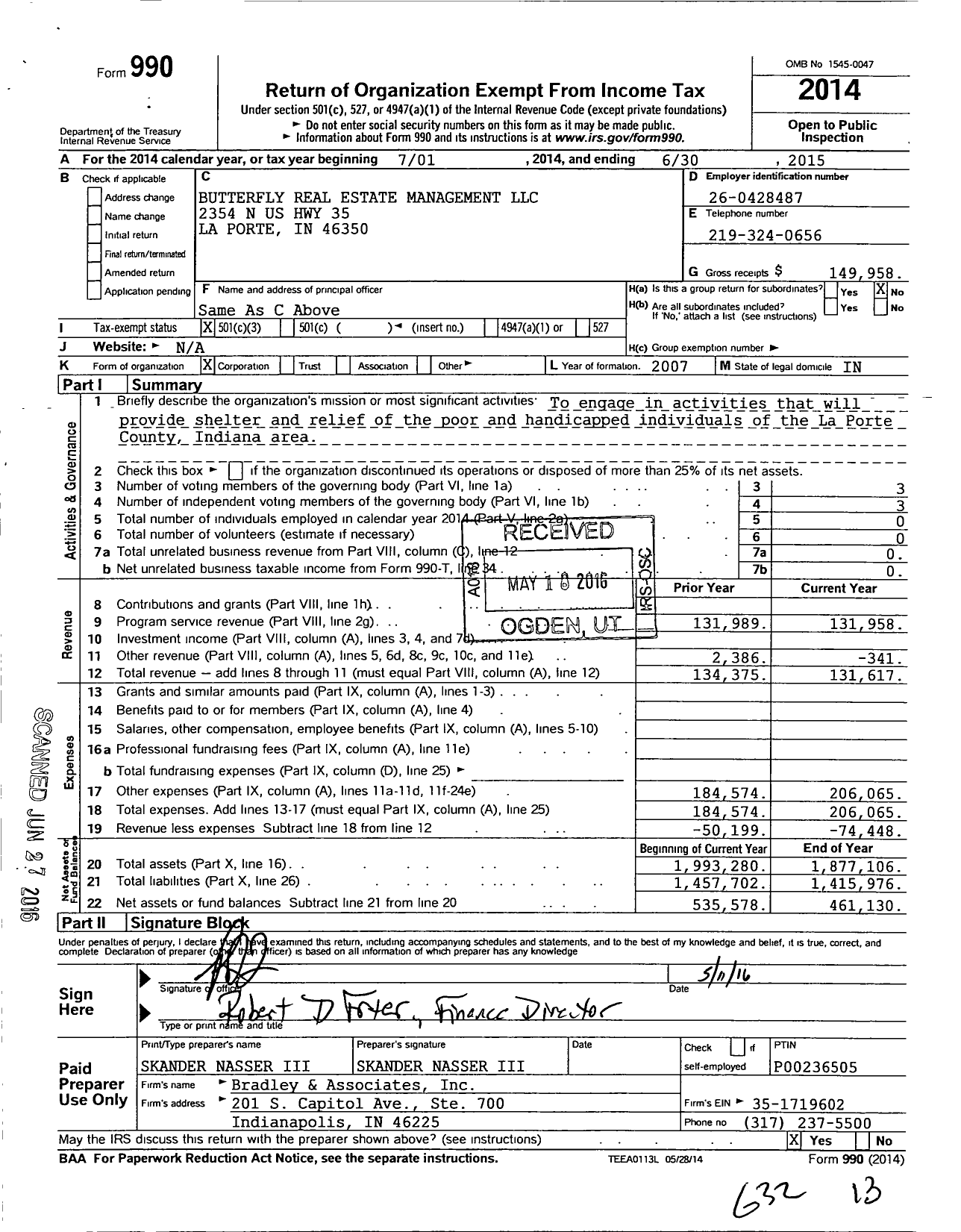 Image of first page of 2014 Form 990 for Butterfly Real Estate Management LLC