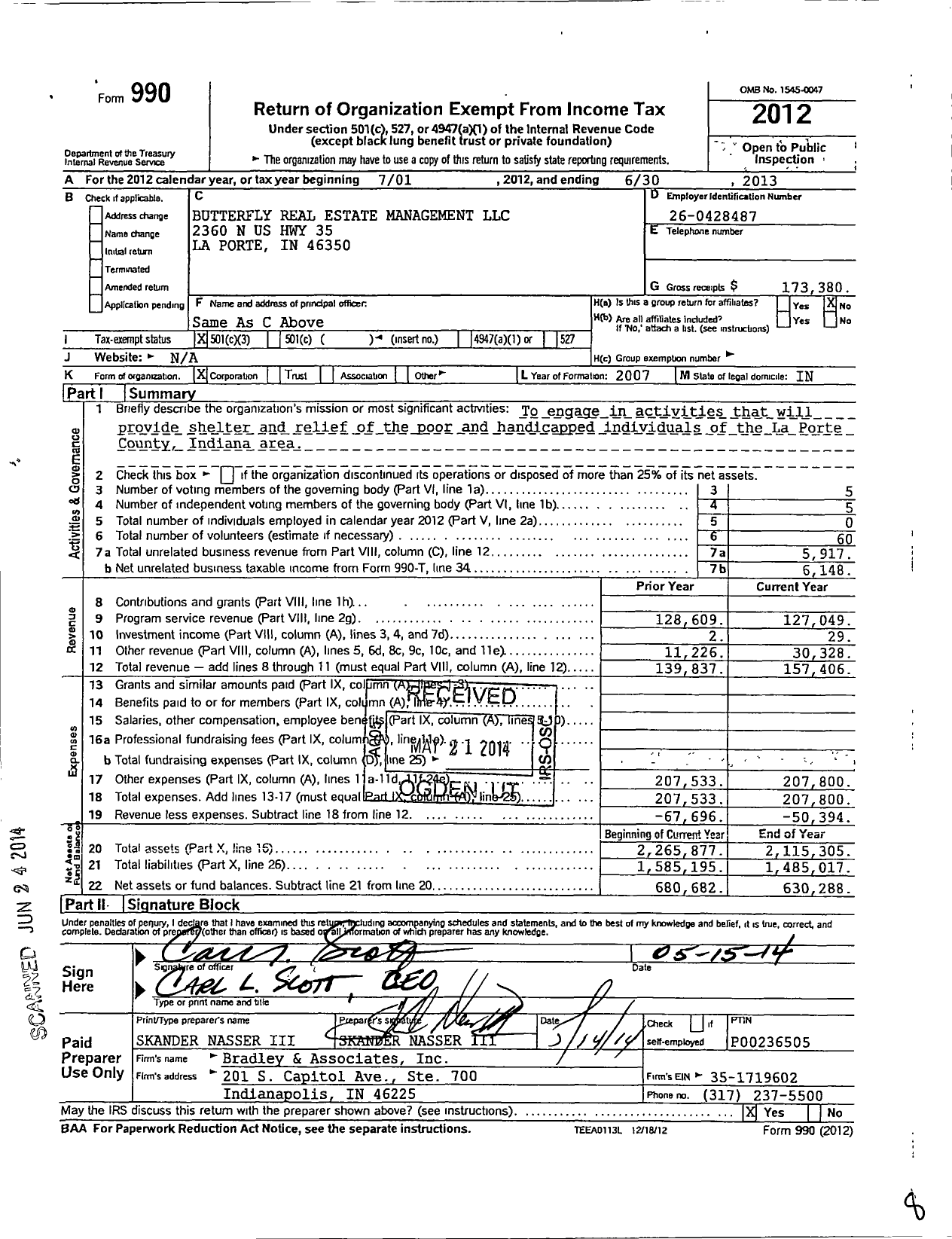 Image of first page of 2012 Form 990 for Butterfly Real Estate Management LLC