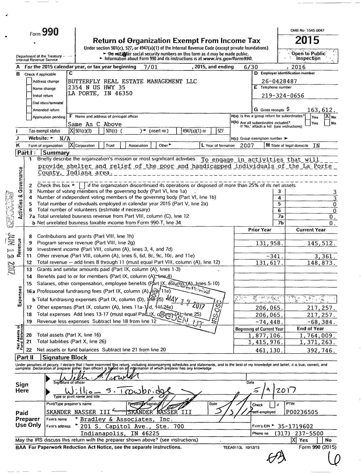 Image of first page of 2015 Form 990 for Butterfly Real Estate Management LLC