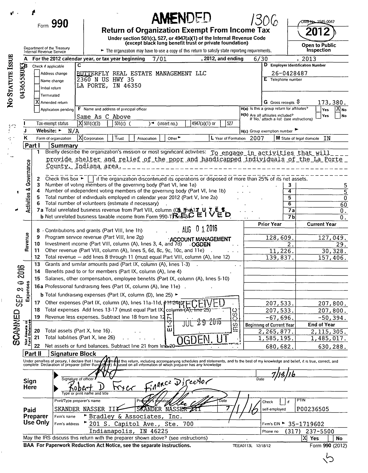 Image of first page of 2012 Form 990 for Butterfly Real Estate Management LLC