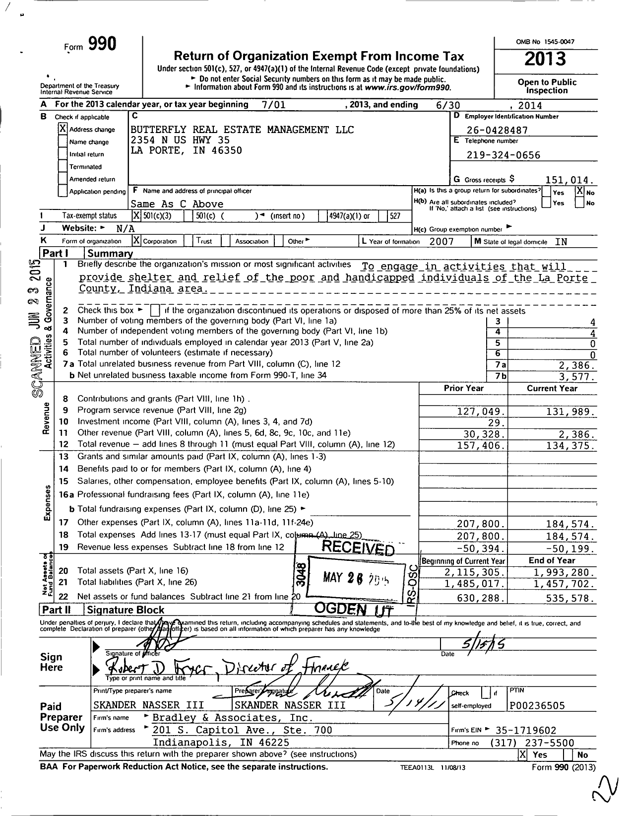 Image of first page of 2013 Form 990 for Butterfly Real Estate Management LLC