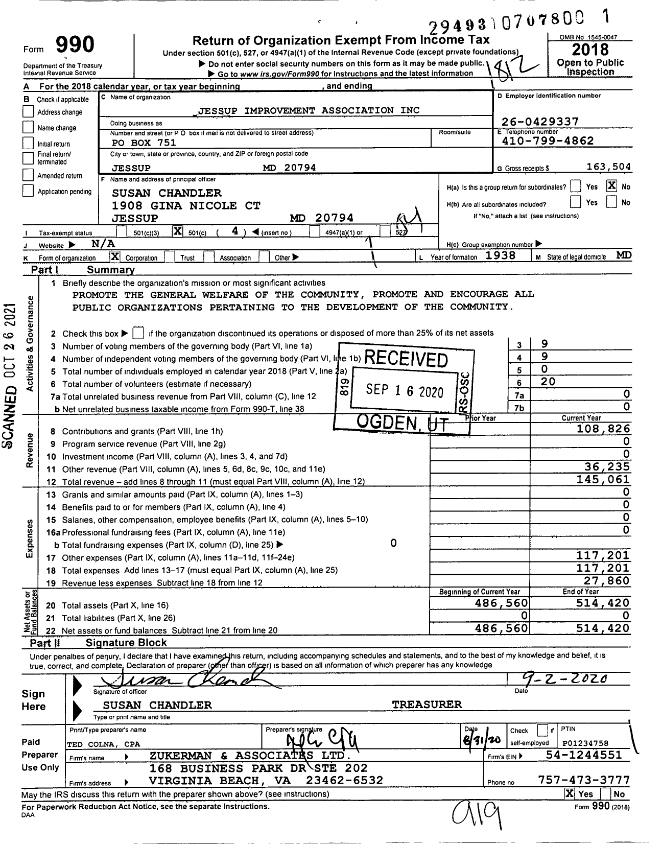 Image of first page of 2018 Form 990O for Jessup Improvement Association