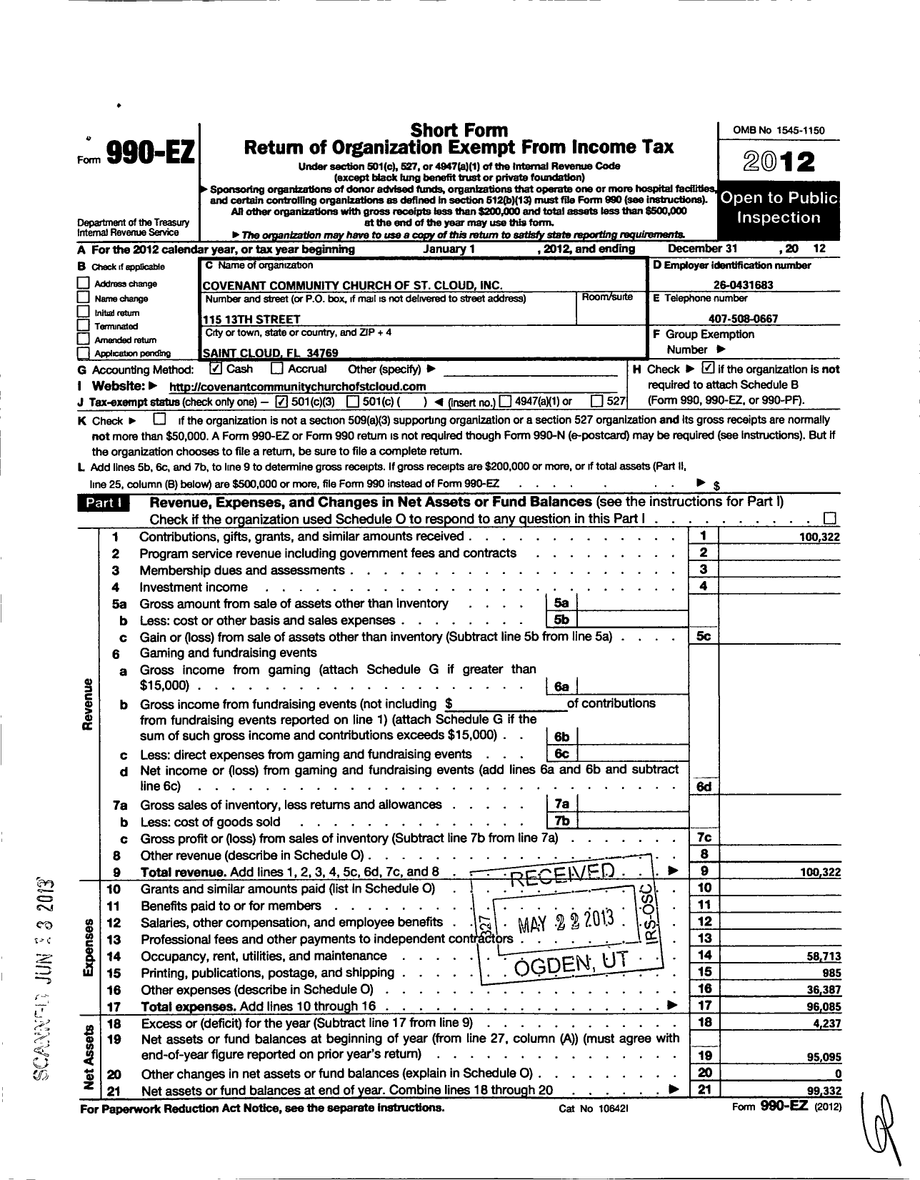 Image of first page of 2012 Form 990EZ for Covenant Community Church of Saint Cloud