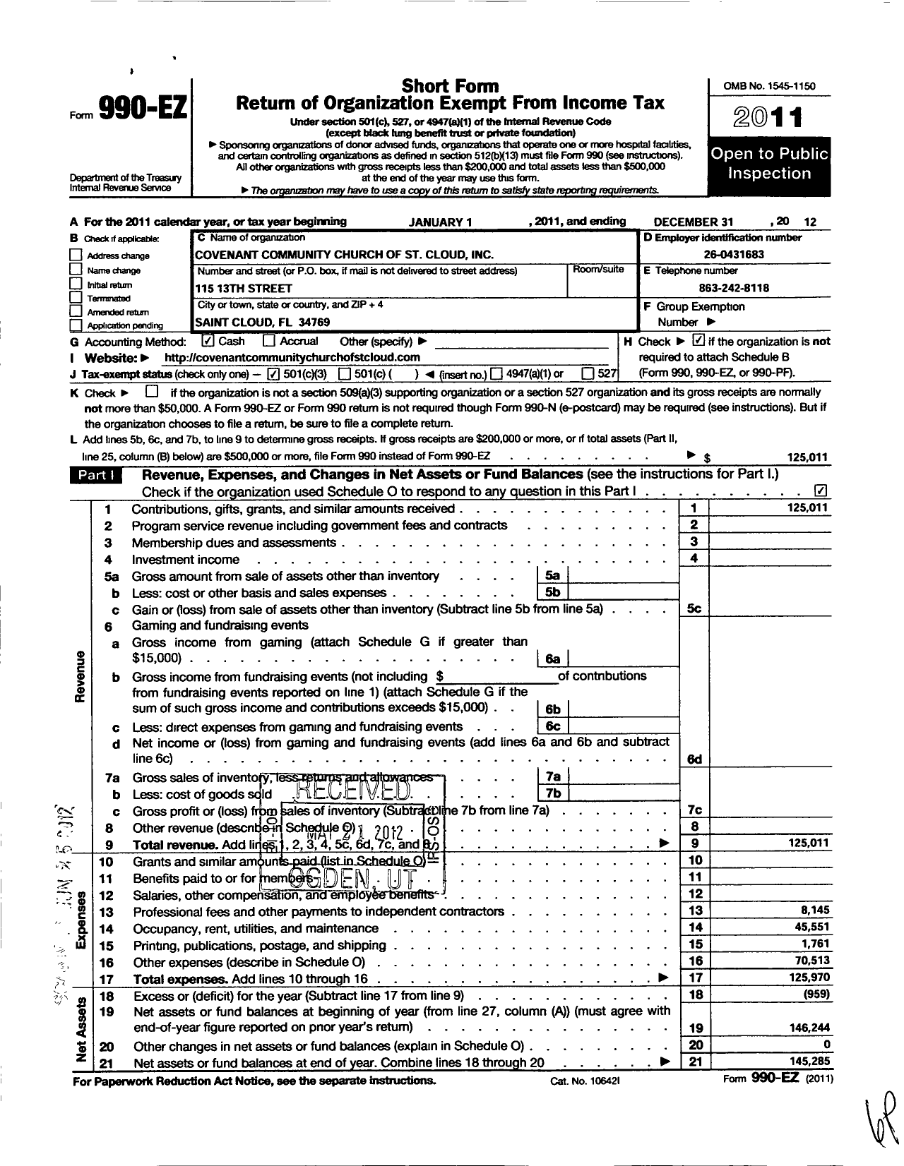 Image of first page of 2012 Form 990EZ for Covenant Community Church of Saint Cloud