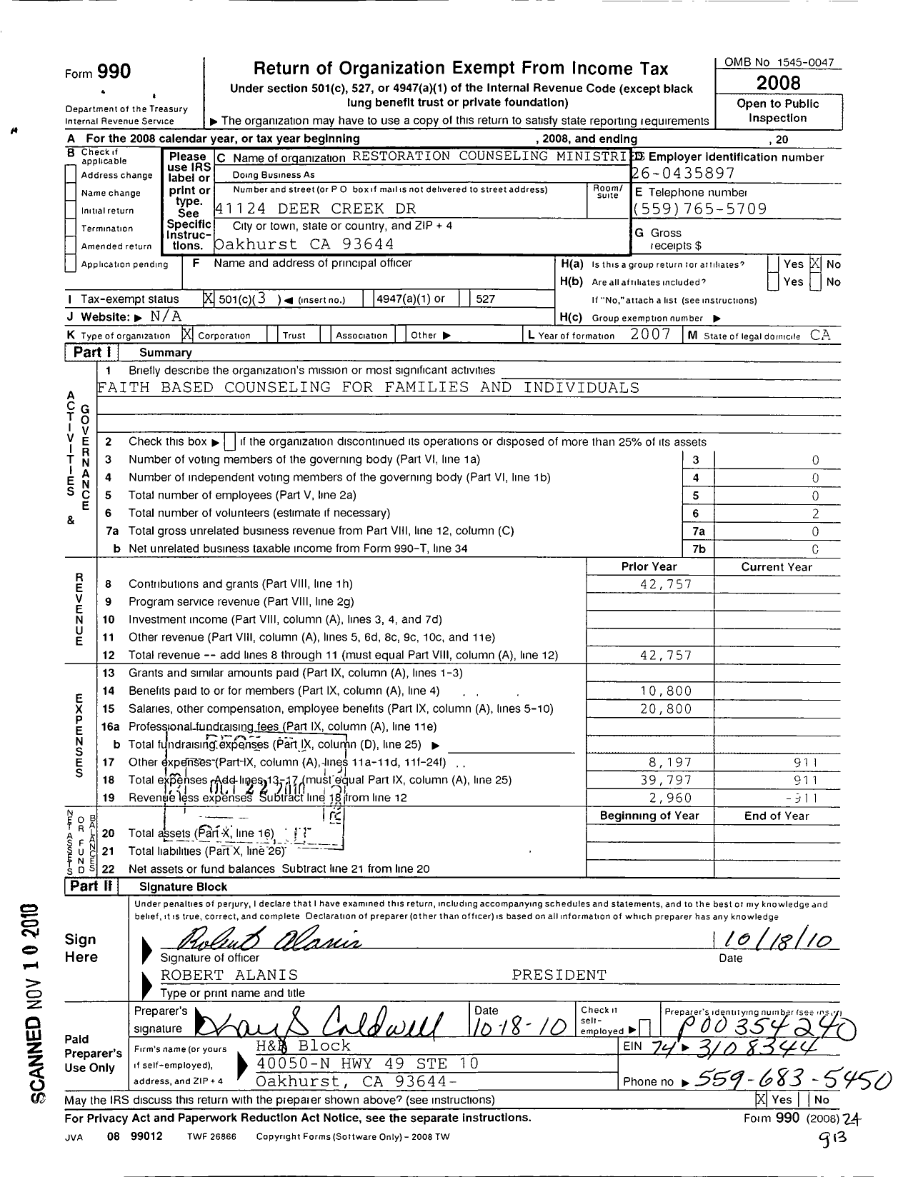 Image of first page of 2008 Form 990 for Restoration Counseling Ministries