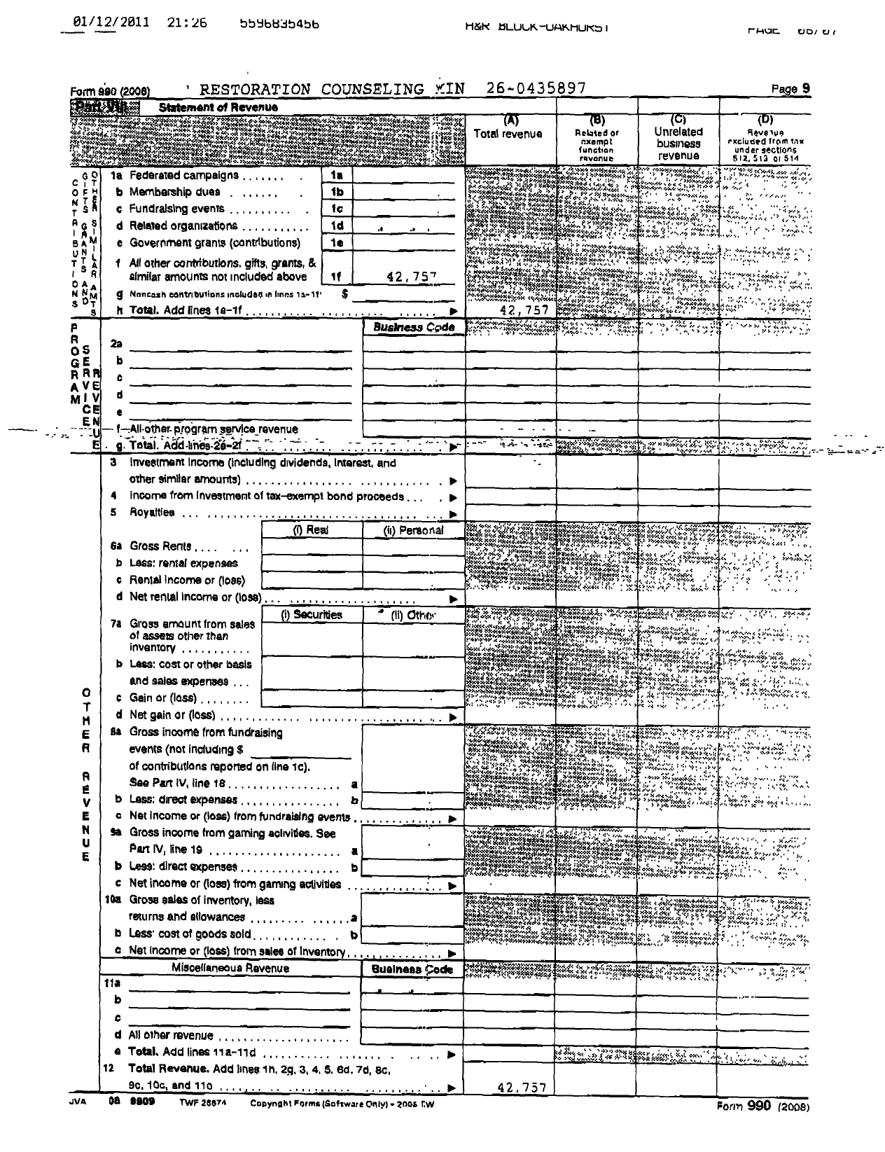 Image of first page of 2008 Form 990R for Restoration Counseling Ministries