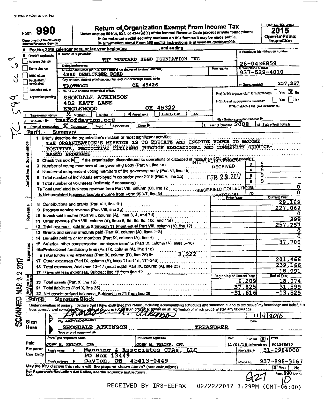 Image of first page of 2015 Form 990 for The Mustard Seed Foundation