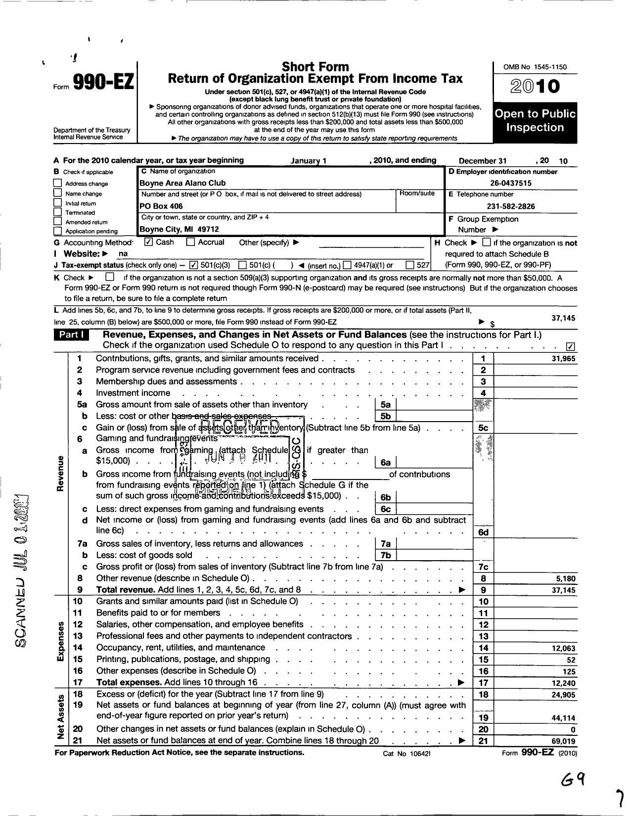 Image of first page of 2010 Form 990EZ for Boyne Area Alano Club