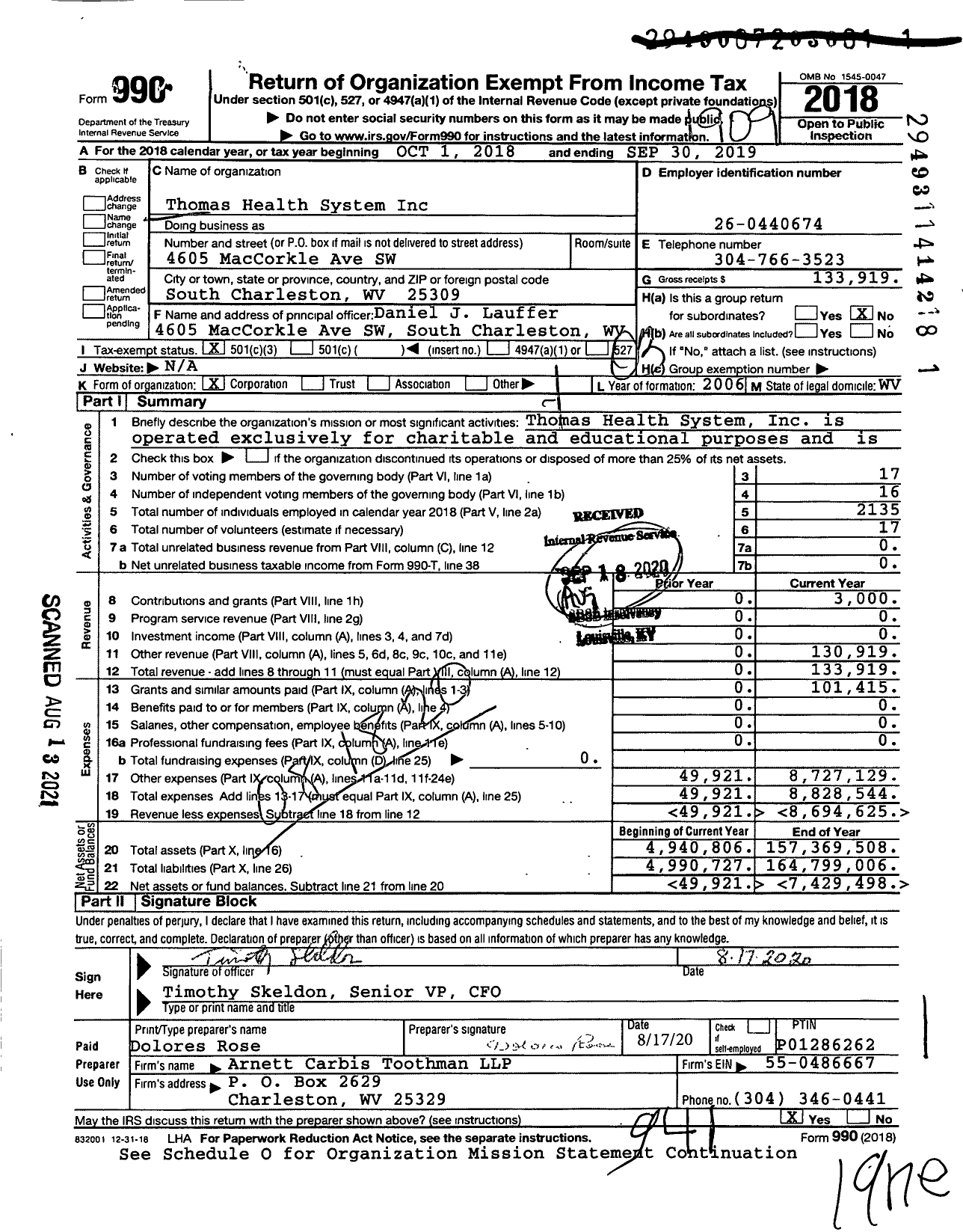 Image of first page of 2018 Form 990 for Thomas Health System