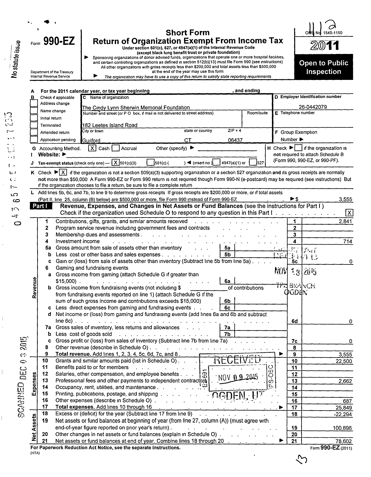 Image of first page of 2011 Form 990EZ for Cindy Lynn Sherwin Memorialfoundation