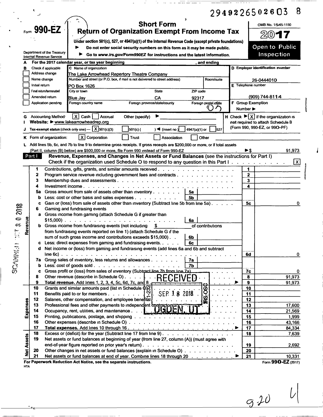 Image of first page of 2017 Form 990EZ for Lake Arrowhead Repertory Theatre Company