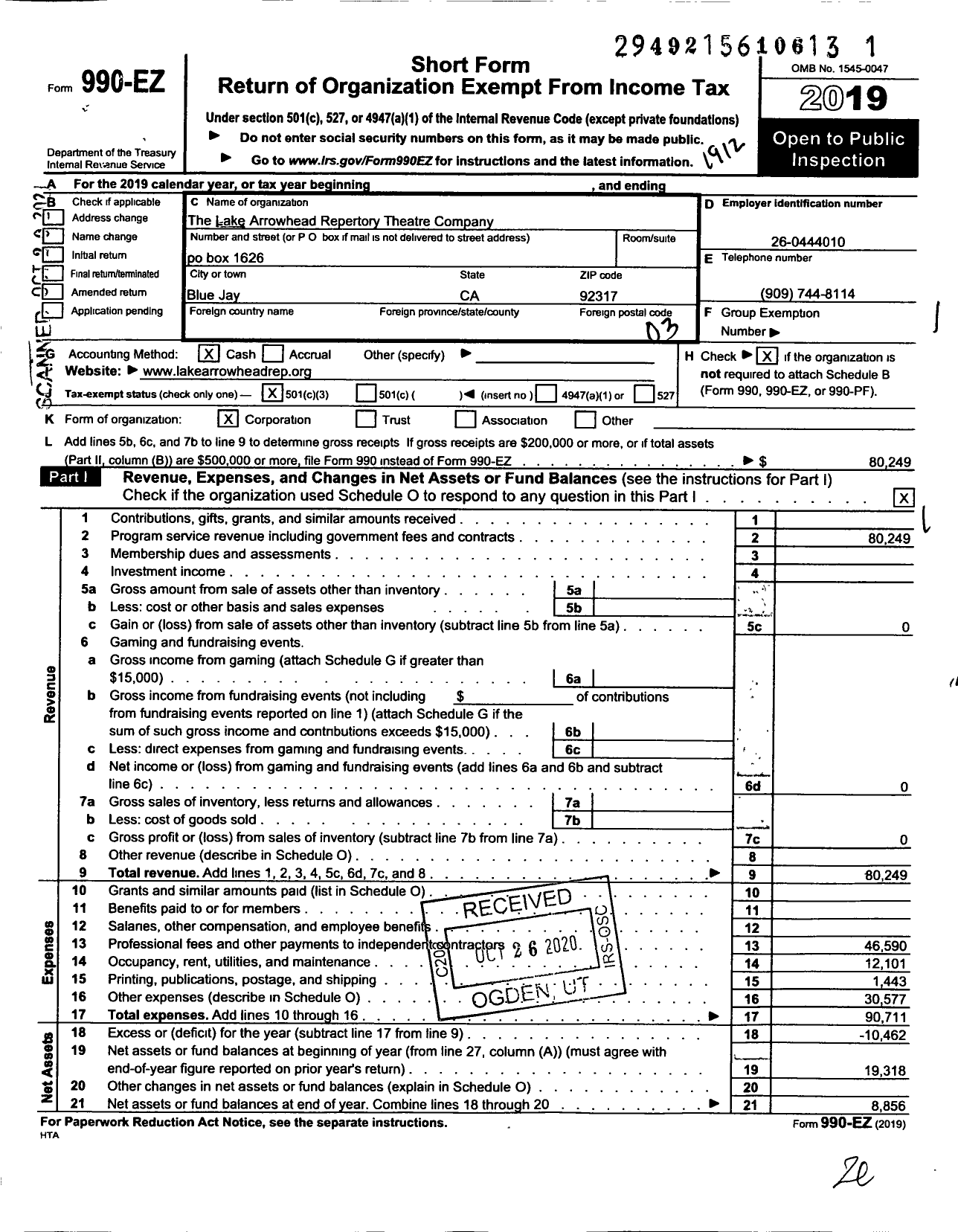 Image of first page of 2019 Form 990EZ for Lake Arrowhead Repertory Theatre Company