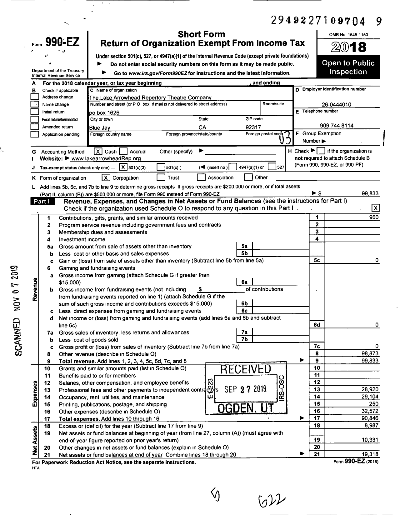 Image of first page of 2018 Form 990EZ for Lake Arrowhead Repertory Theatre Company