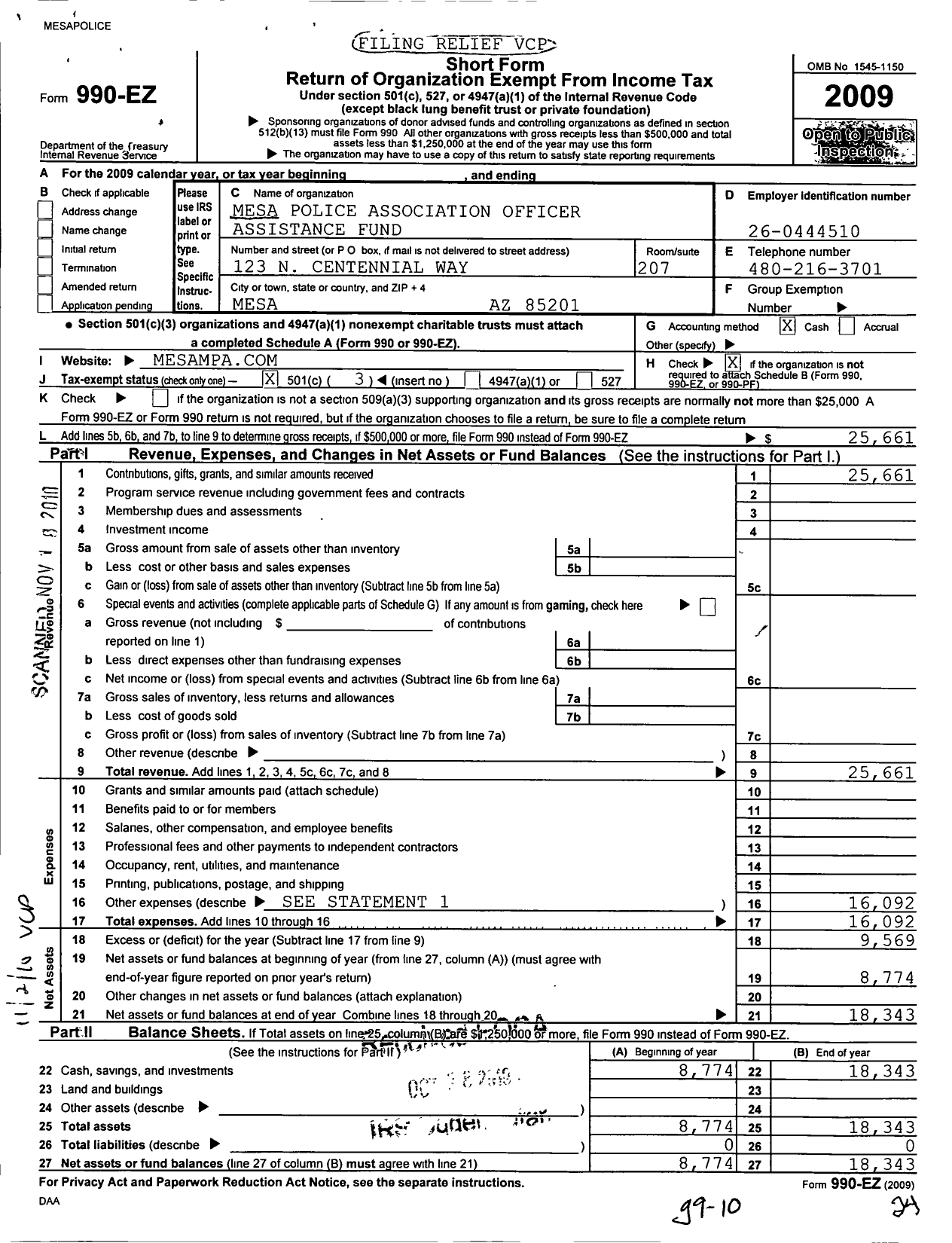 Image of first page of 2009 Form 990EZ for Mesa Police Association Officer Assistance Fund