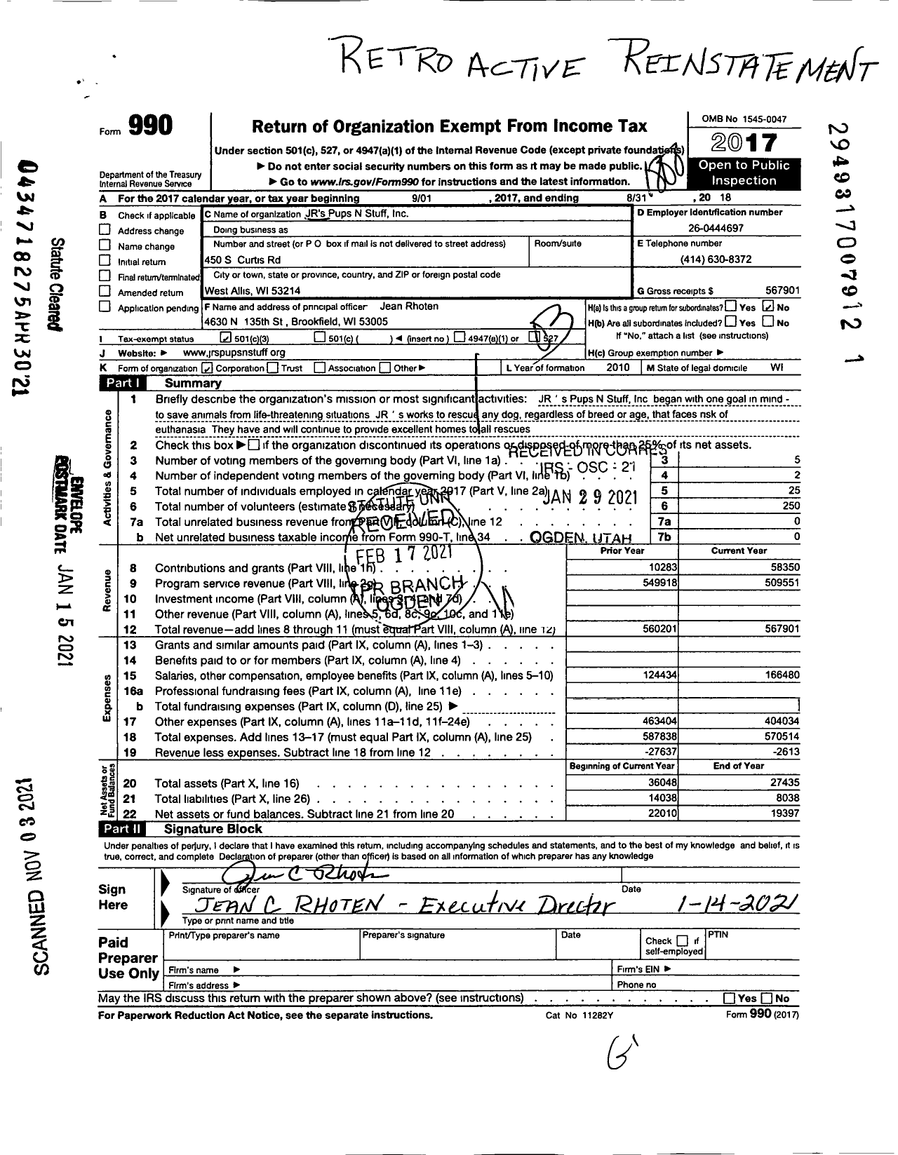 Image of first page of 2017 Form 990 for JRS Pups-N-Stuff Incorporated