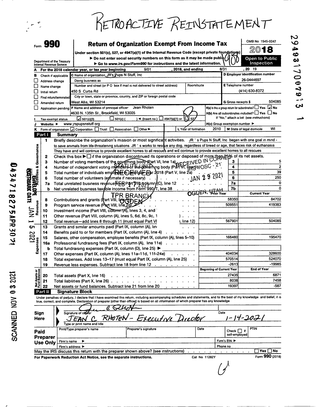 Image of first page of 2018 Form 990 for JRS Pups-N-Stuff Incorporated