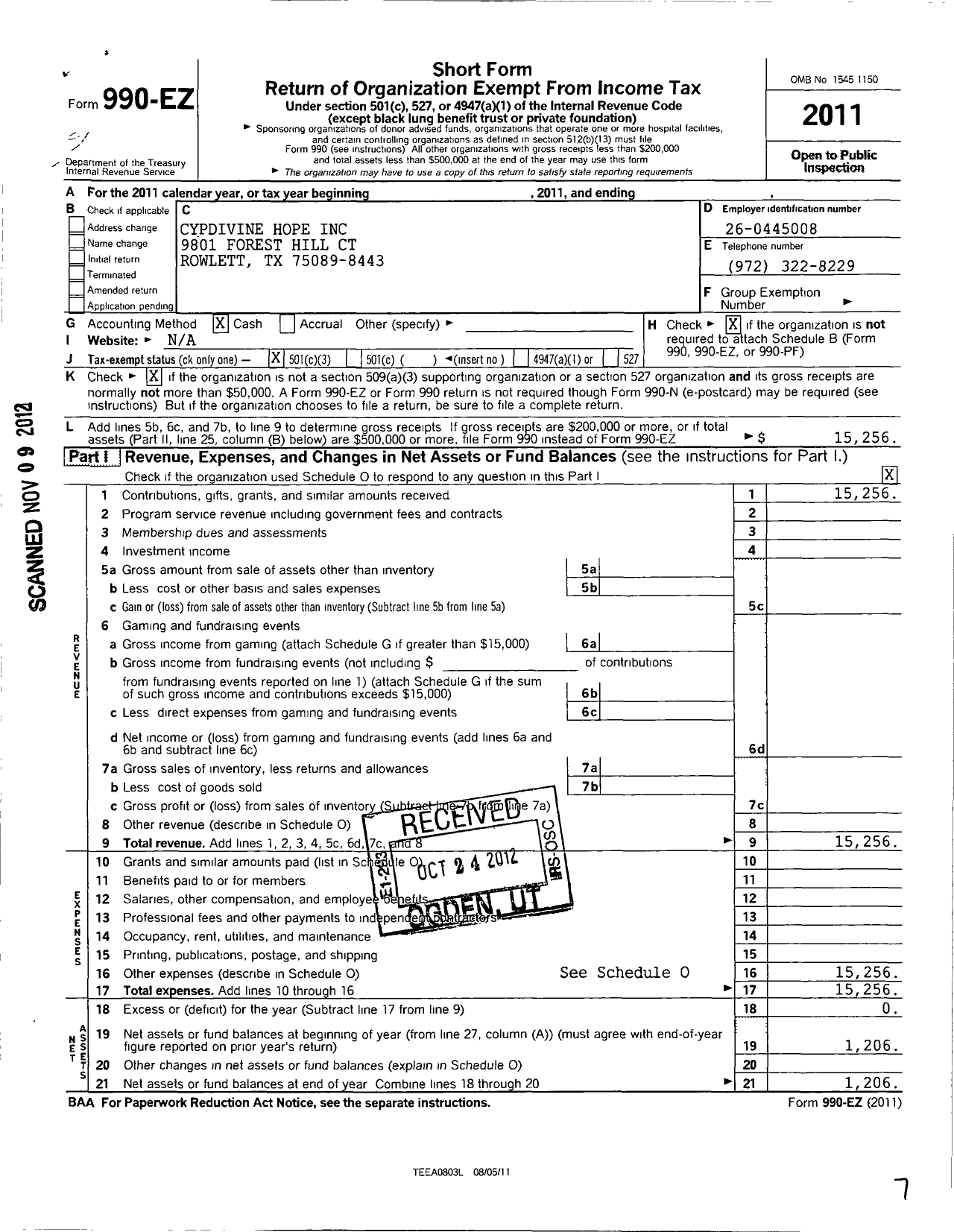 Image of first page of 2011 Form 990EZ for Cypdivine Hope