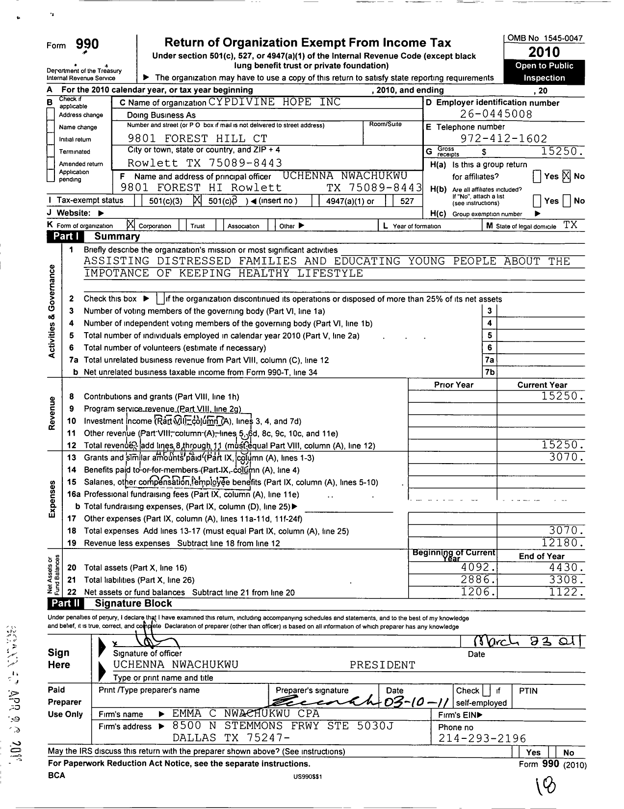 Image of first page of 2010 Form 990 for Cypdivine Hope