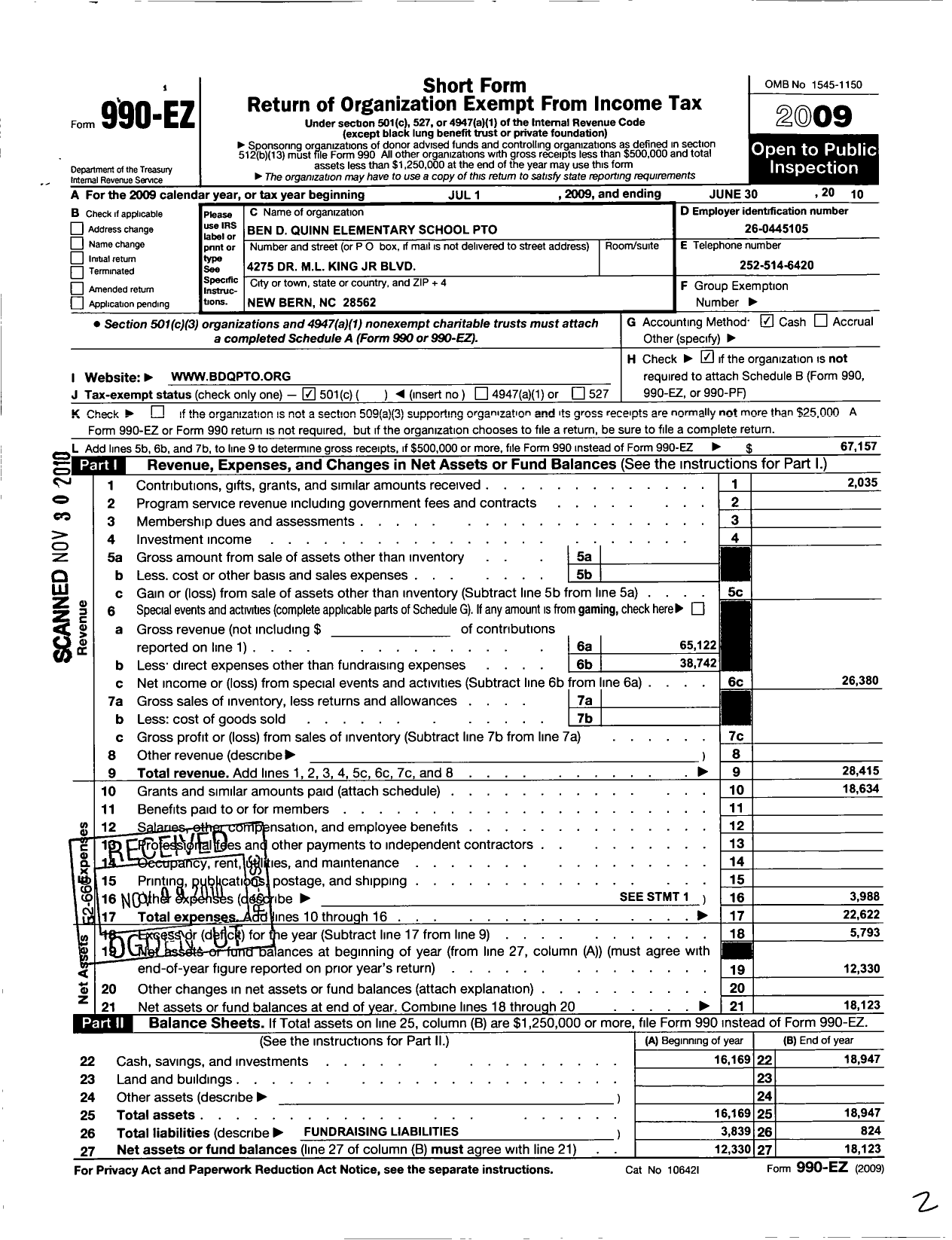 Image of first page of 2009 Form 990EO for Ben D Quinn Elementary School Pto