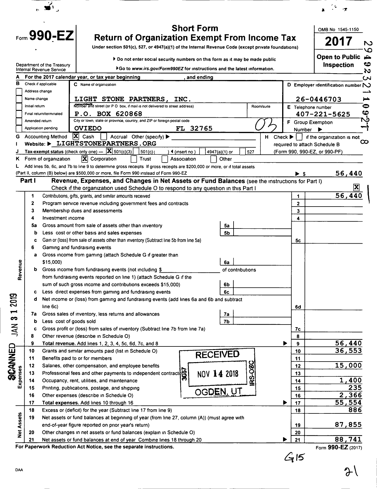 Image of first page of 2017 Form 990EZ for Light Stone Partners