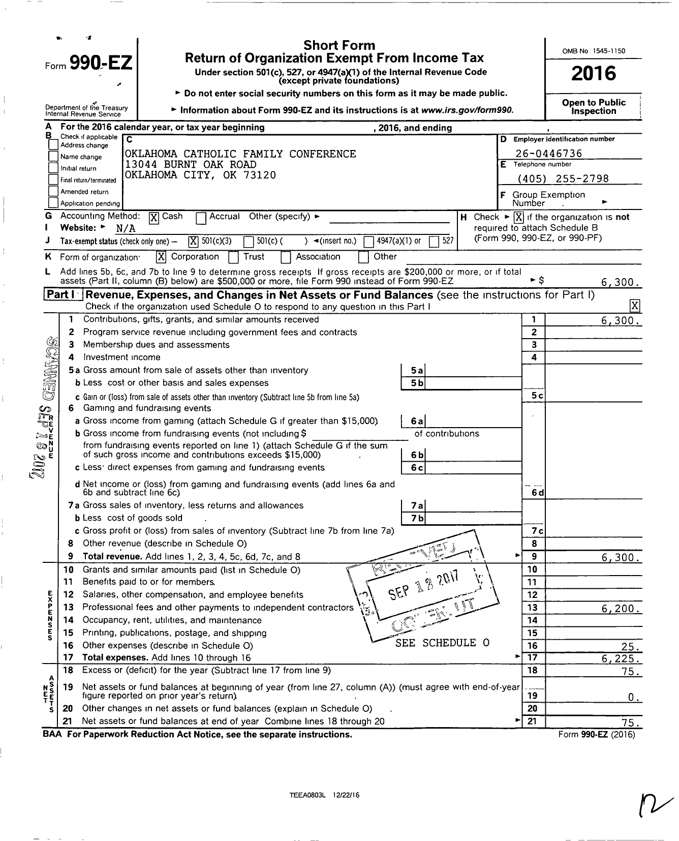 Image of first page of 2016 Form 990EZ for Oklahoma Catholic Family Conference